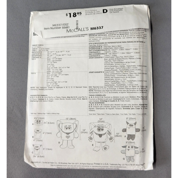 McCalls Sewing Pattern #M6337 Monster Backpack Toys Craft 2011 UNCUT - Picture 3 of 4